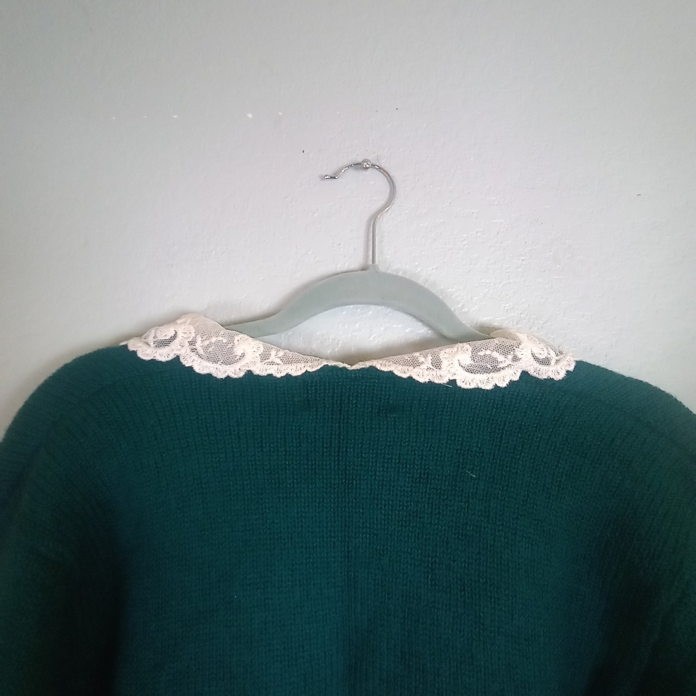 Vintage 70s Tanner Sport Teal Green Wool Lace Collared Feminine Boho Sweater - Picture 5 of 9